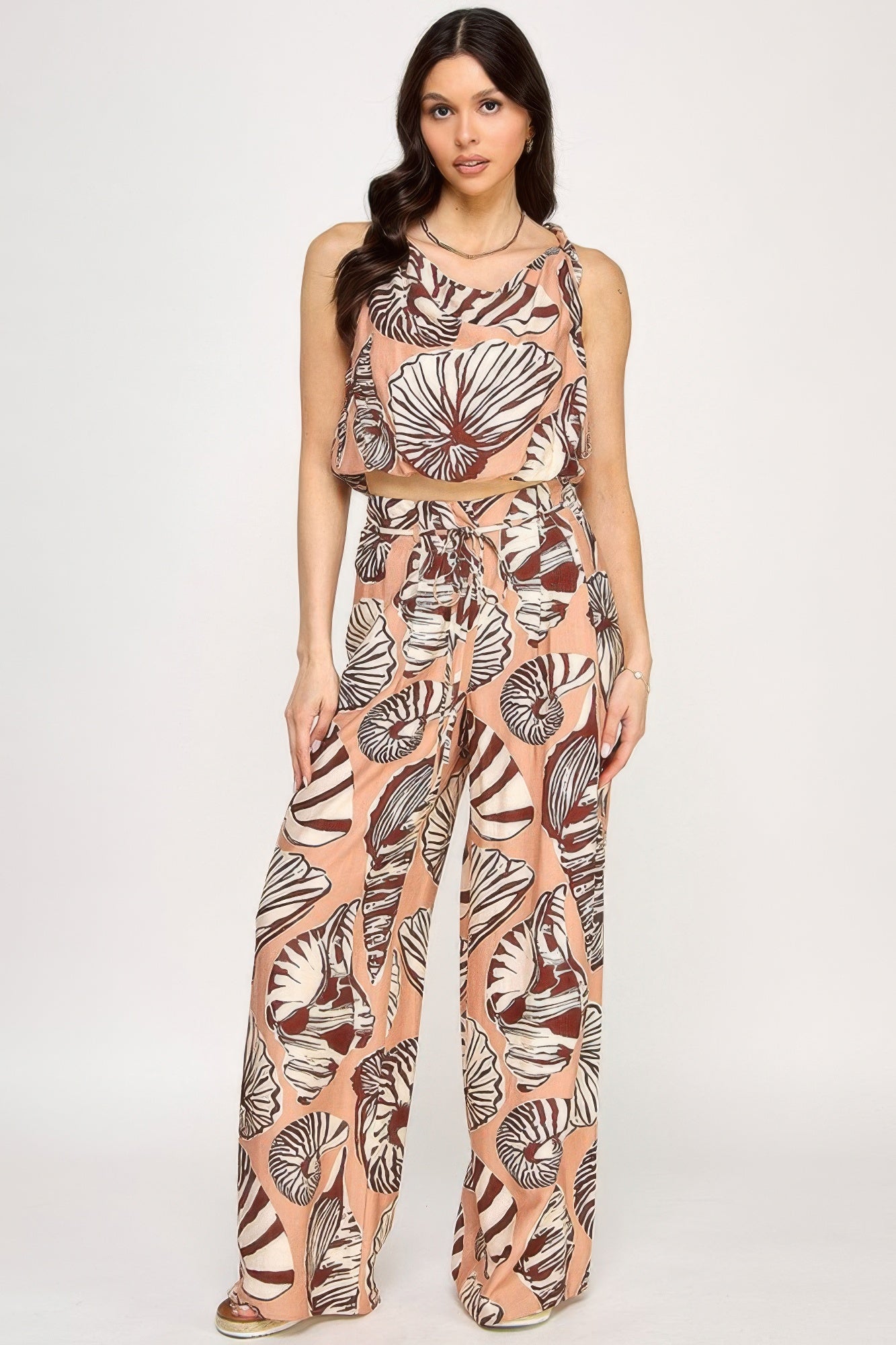Printed Sleeveless Bubble Hem Top And Paper Bag Waist Pants Set L