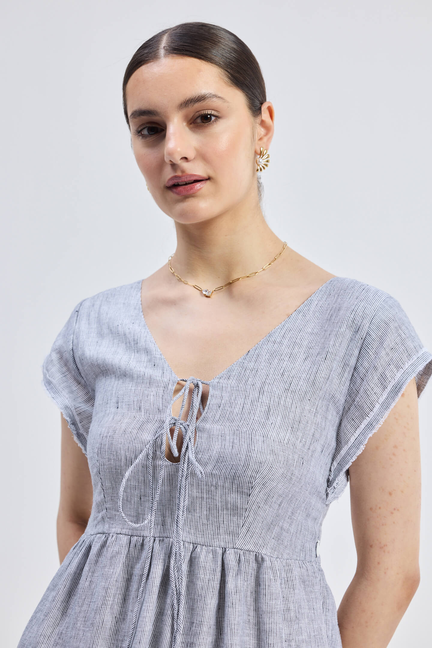 Maxi Tiered Dress with Front-ties in Linen Stripes