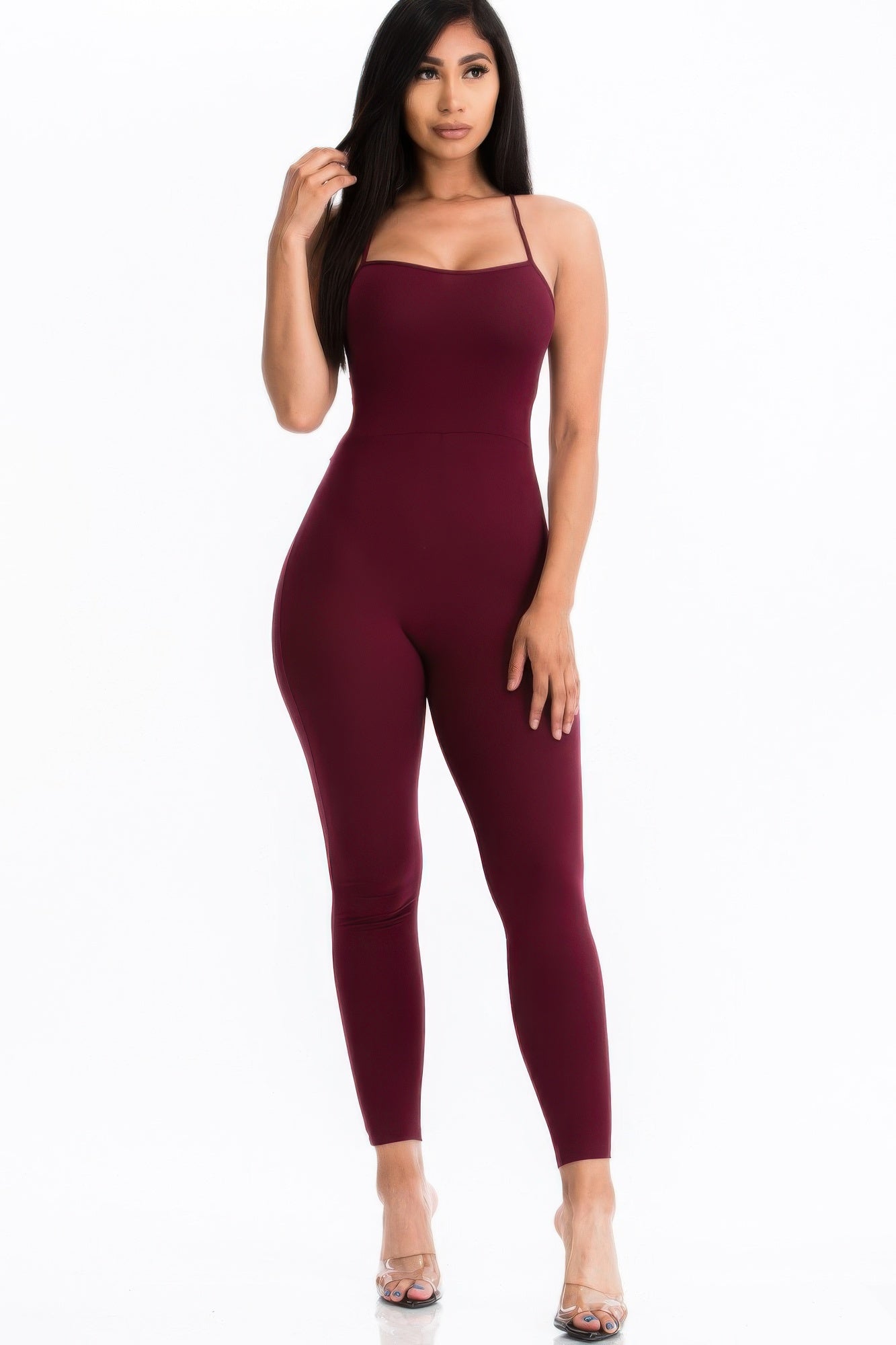 Criss-cross Open Back Bodycon Jumpsuit Burgundy