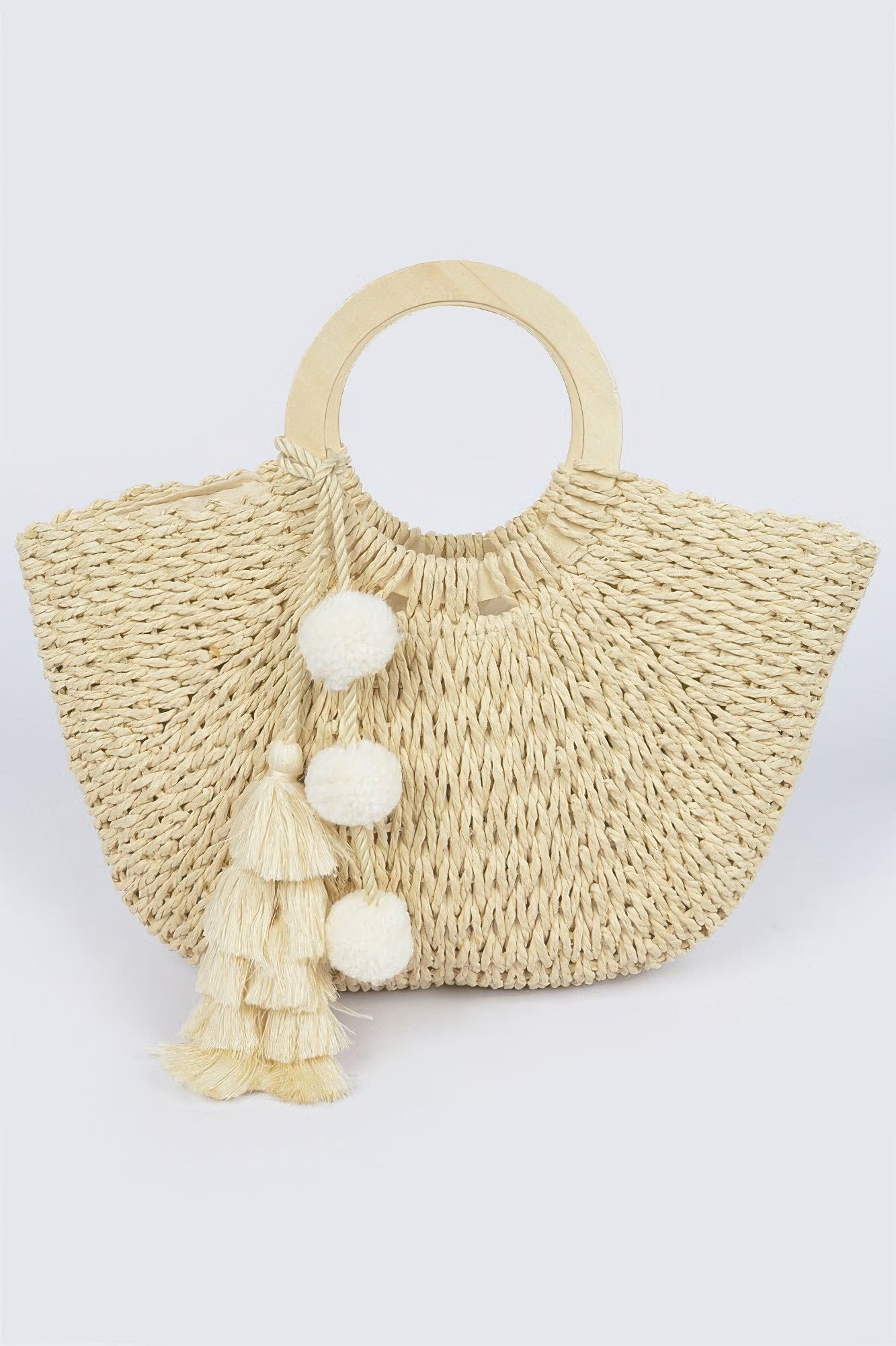 Woven Cotton Wood Handle Tote Bag Ivory