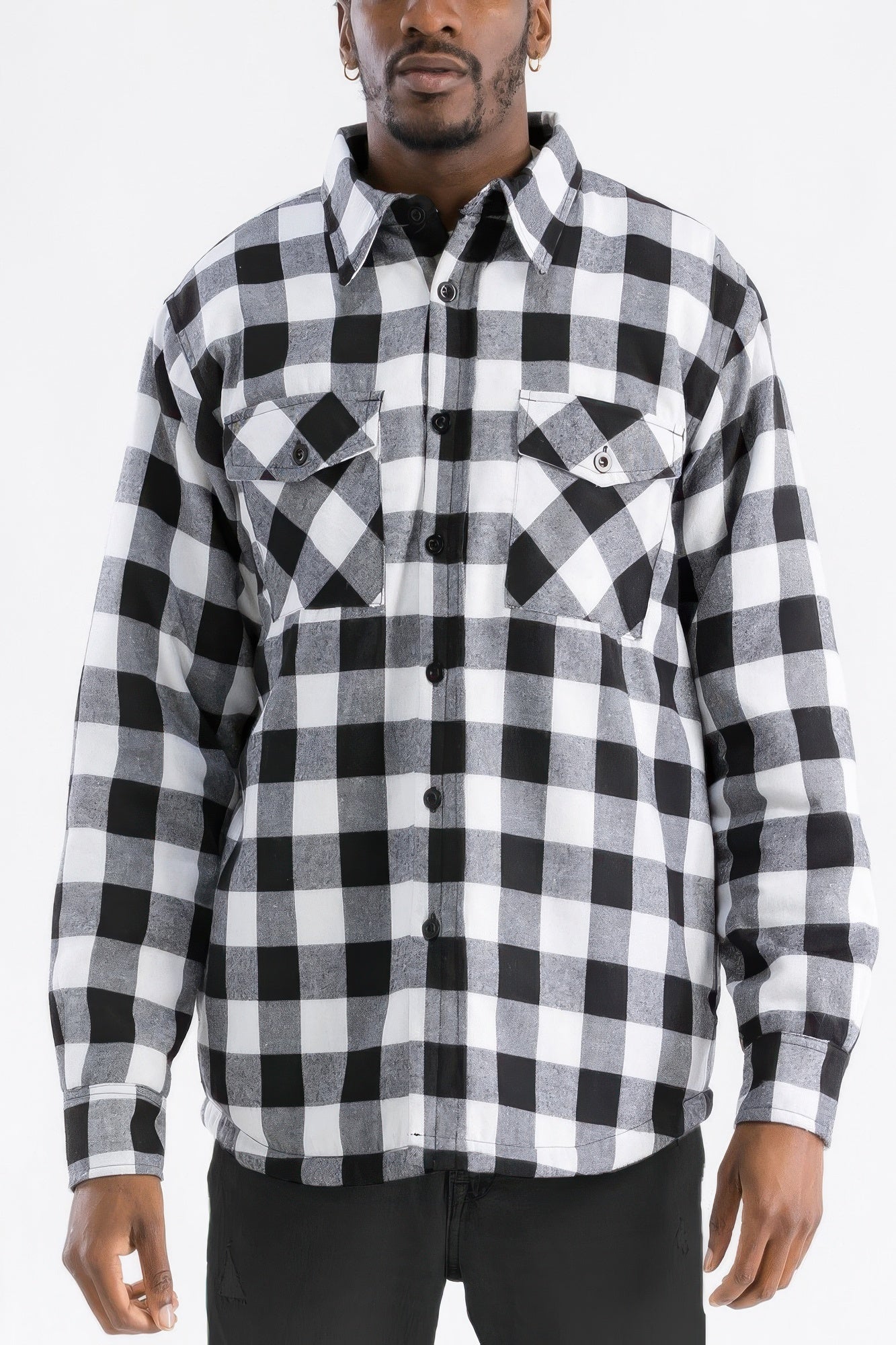 Mens Quilted Padded Flannel Black White