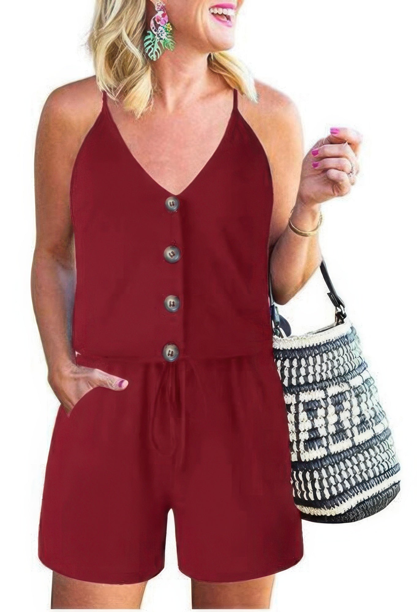 Button Sleeveless Spaghetti Strap Cami Romper Wine