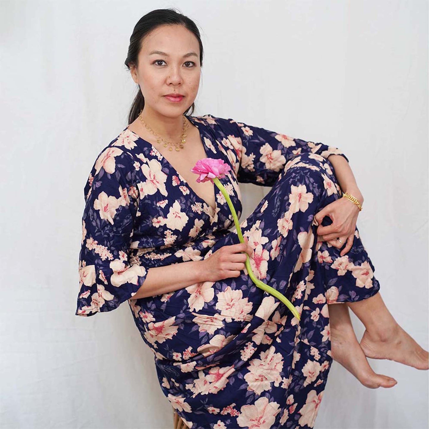 Kasih Co-op Dress Blue Trumpet Sleeve Over the Knee with White and Pink Floral Pattern