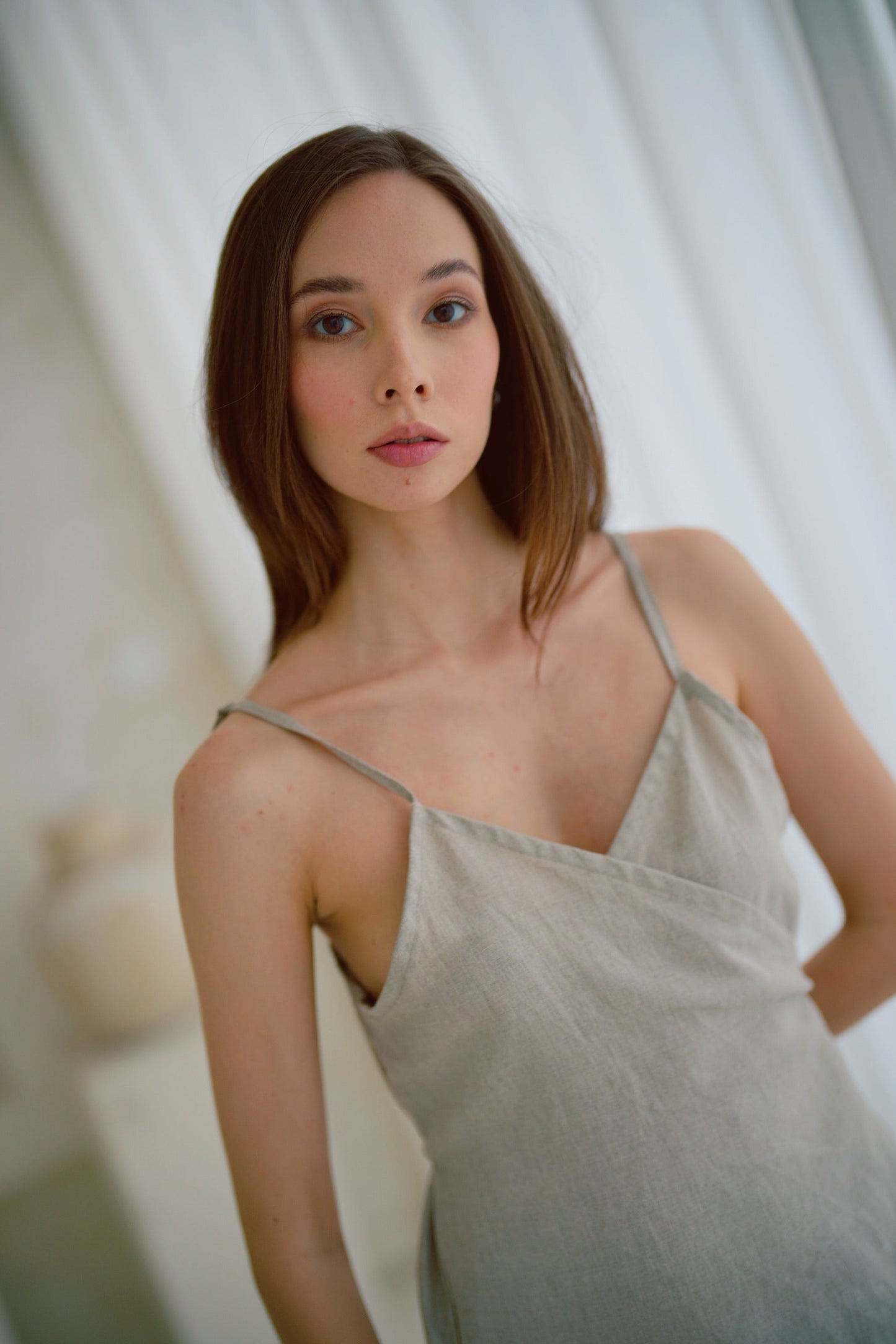 Anita Linen Wrap Front Midi Dress in Natural