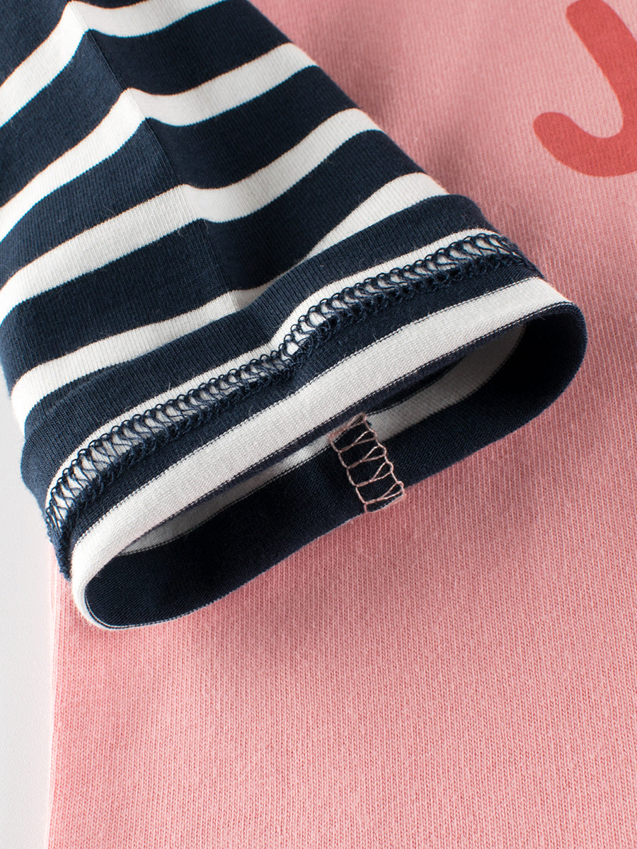 Autumn New Arrival Kids Girls Animals Cartoon and Letters Print Crew Neck Striped Long Sleeves Sweatshirt