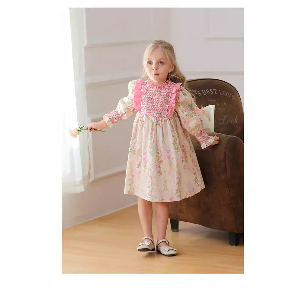 Design Autumn Girls Fashion Floral Long Puff Sleeves Ruffle Neck Dress