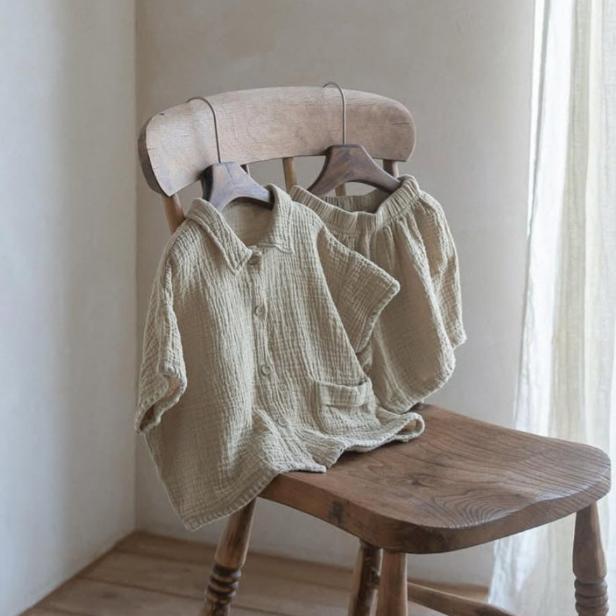 Summer Hot Selling Baby Kids Unisex Short Sleeves Single Breasted Shirt and Shorts Clothing Set