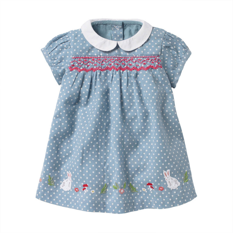Summer New Arrival Girls Short Sleeves Rabbits Cartoon White Dots Peter Pan Collar Dress