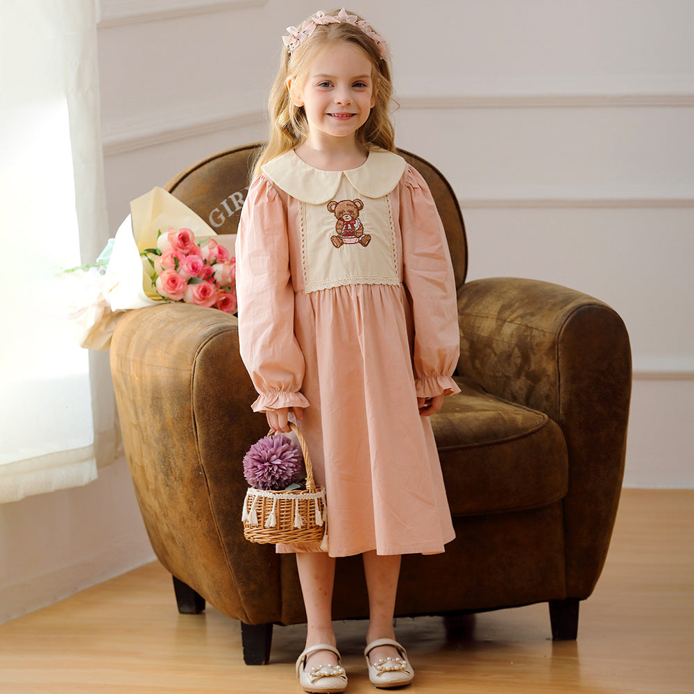 New Arrival Autumn Girls Pink Long Sleeves Dress with Teddy Embroidery Pattern