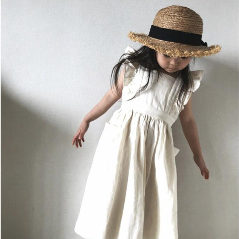 Hot Selling Summer Kids Girls Simple Style Solid Color Pocketed Fly Sleeves Dress