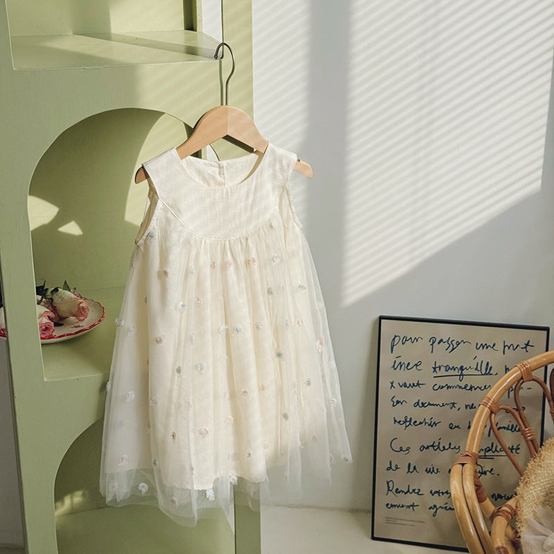 New Design Summer Kids Girls Sleeveless Rose Embroidery Mesh Dress