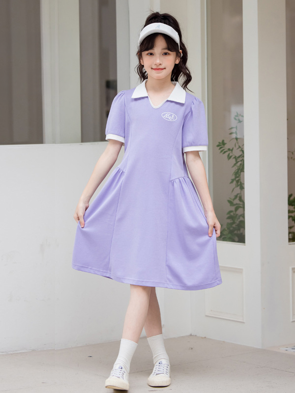 Hot Selling Summer Kids Girls Sports Style Purple Short Sleeves Turn-Down Collar Dress