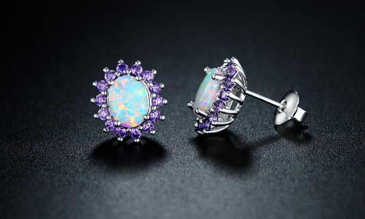0.25 CTTW White Fire Opal and Amethyst Stud Earrings in 18K White Gold ITALY Design Elsy Style Earring