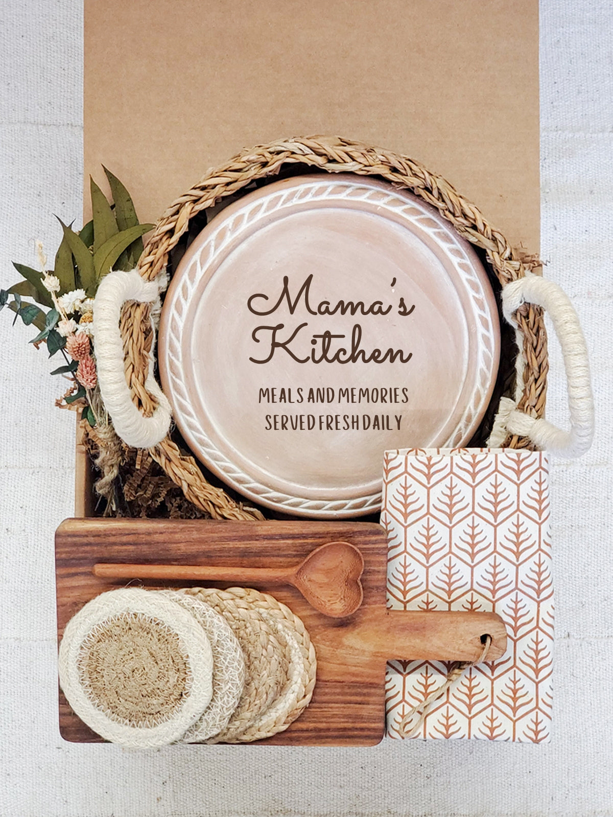 Bread Warmer Gift Box With Rectangular Wooden Board and Spoon - Mom Round