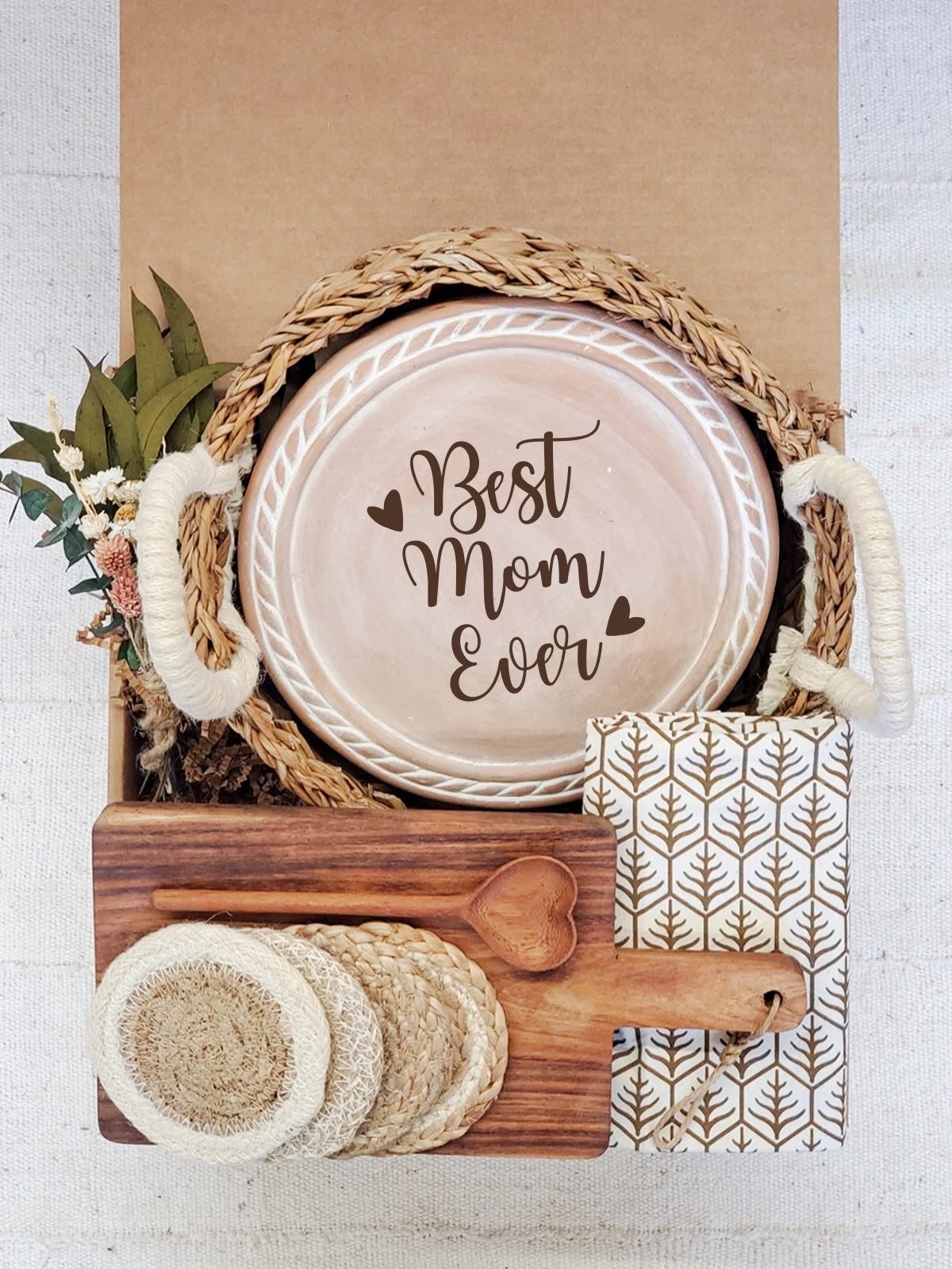 Bread Warmer Gift Box With Rectangular Wooden Board and Spoon - Mom Round