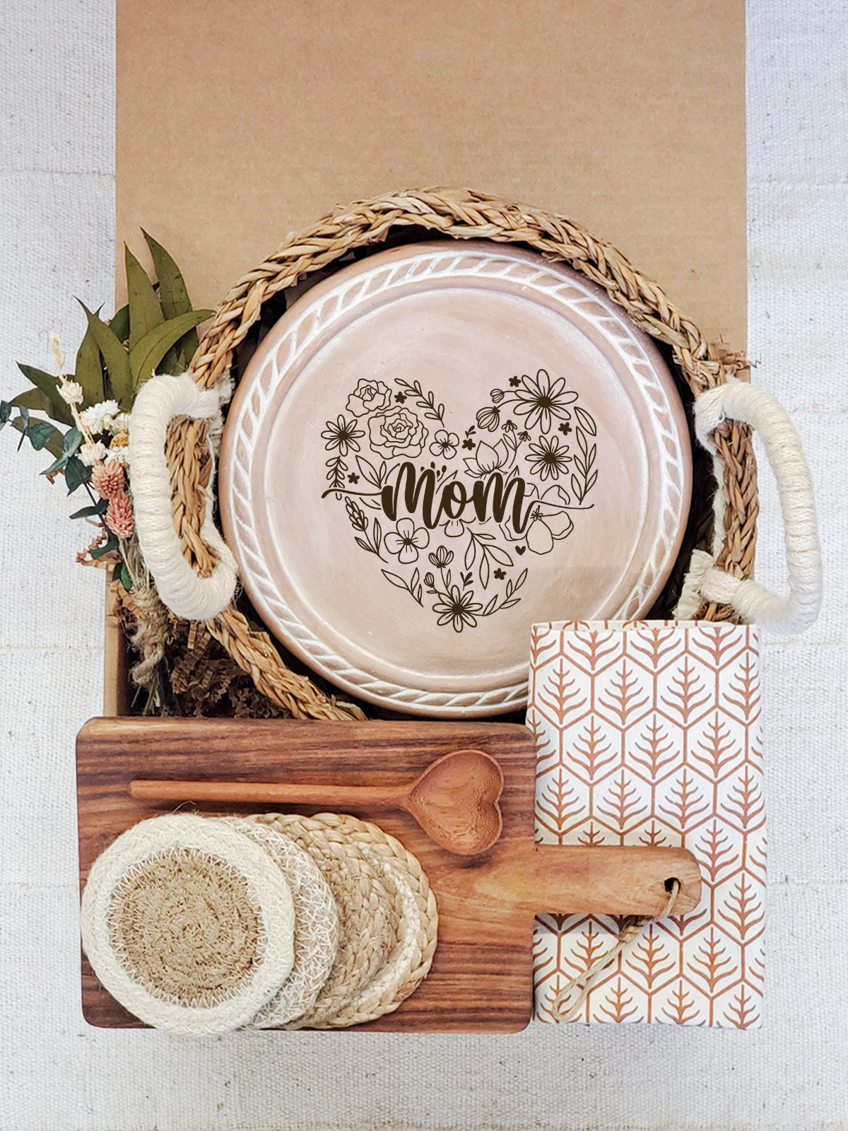 Bread Warmer Gift Box With Rectangular Wooden Board and Spoon - Mom Round