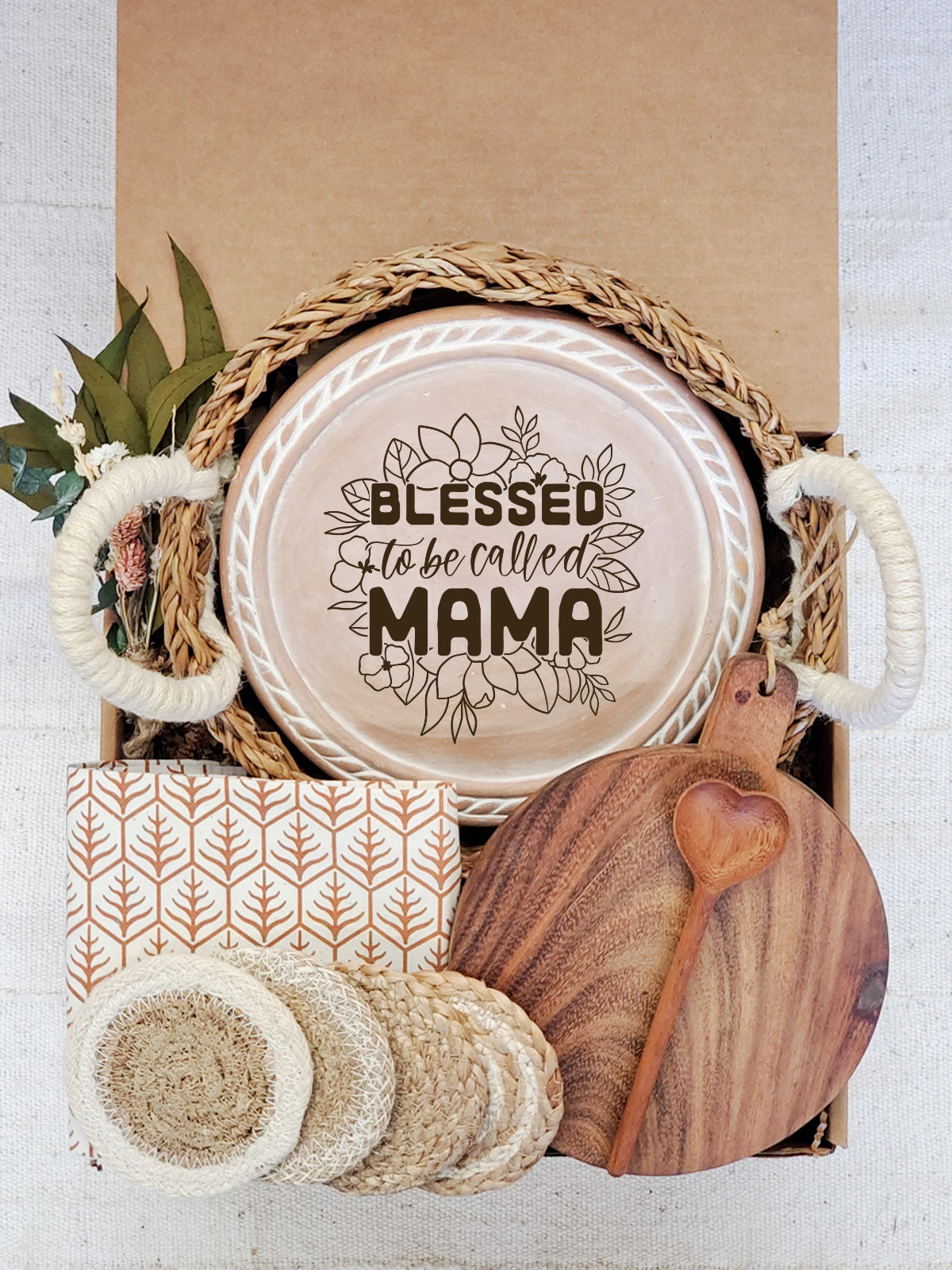 Bread Warmer Gift Box With Round Wooden Board and Spoon - Mom Round