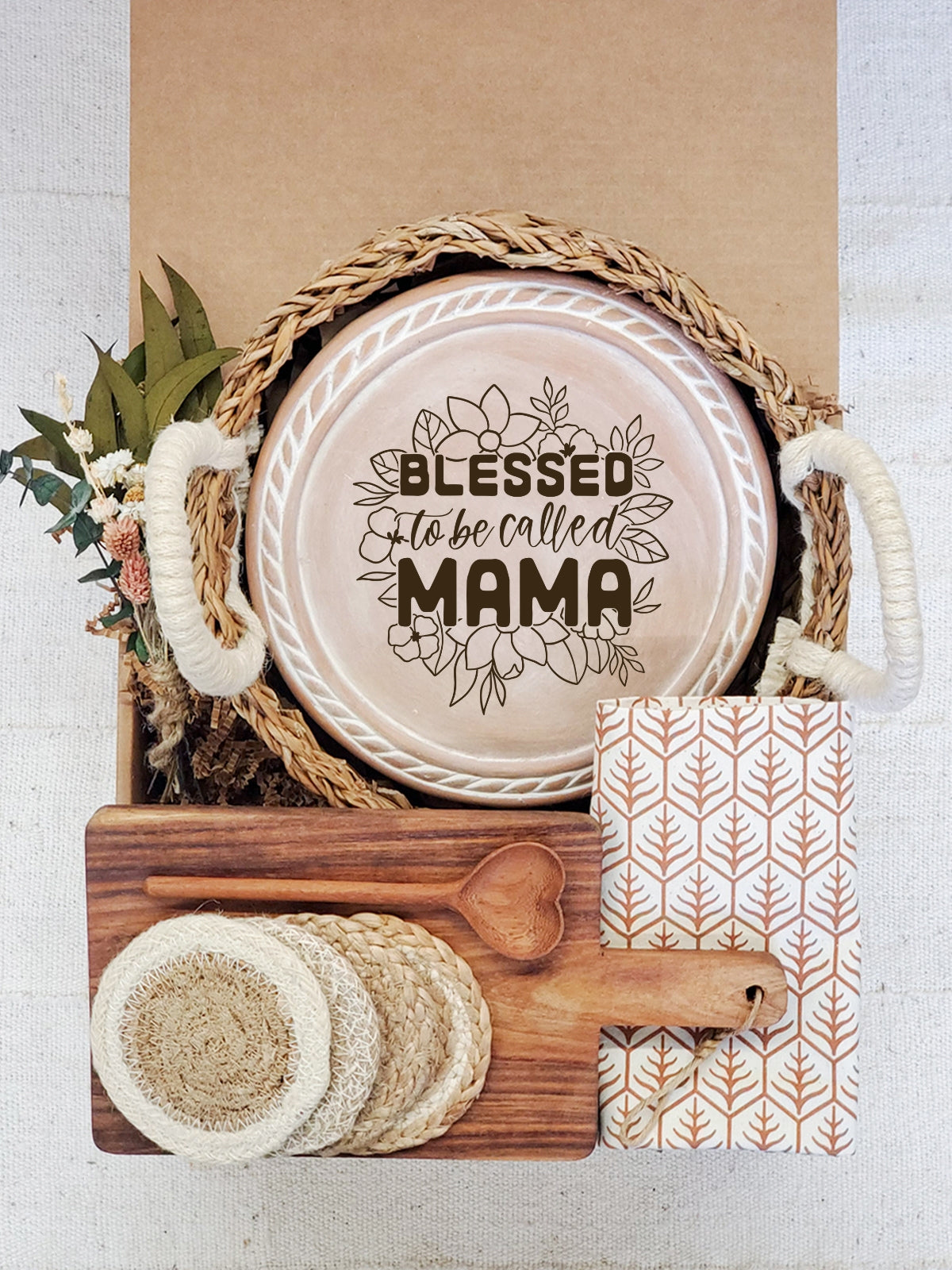 Bread Warmer Gift Box With Rectangular Wooden Board and Spoon - Mom Round