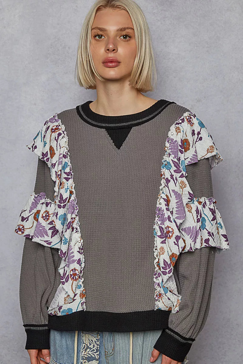 POL Round Neck Sweater with Floral Ruffle Detail CHARCOAL
