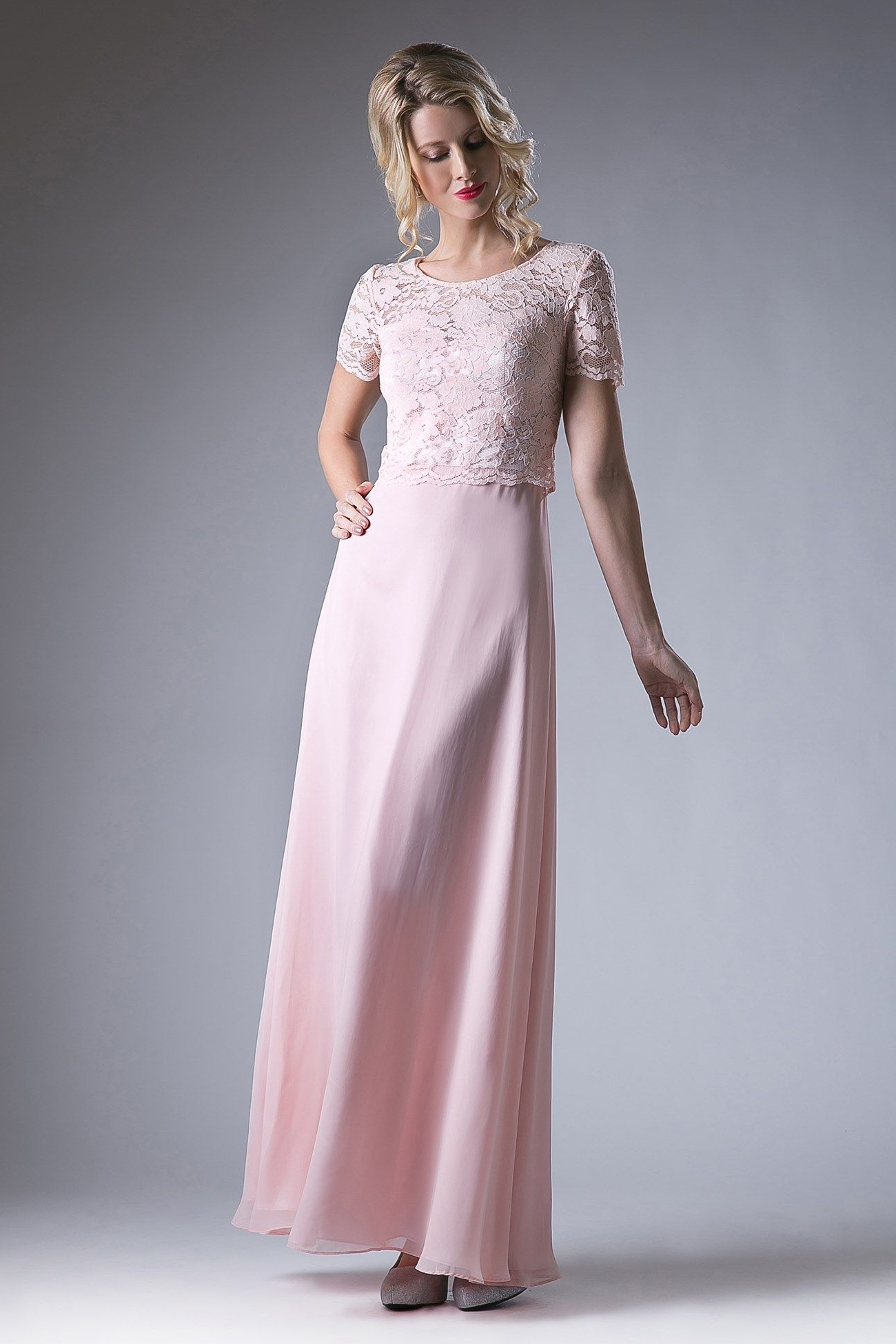 Long Chiffon Dress with Short Sleeves