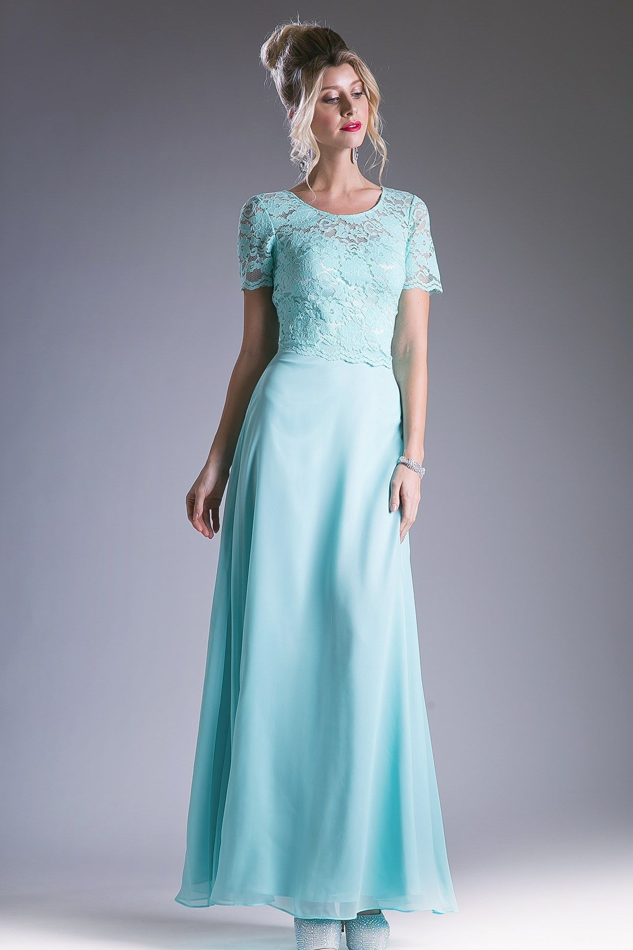 Long Chiffon Dress with Short Sleeves