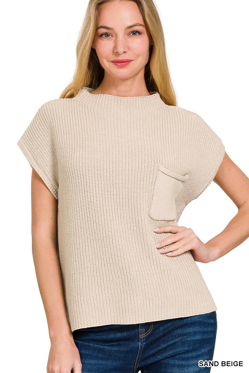 Zenana Mock Neck Short Sleeve Sweater SAND BEIGE