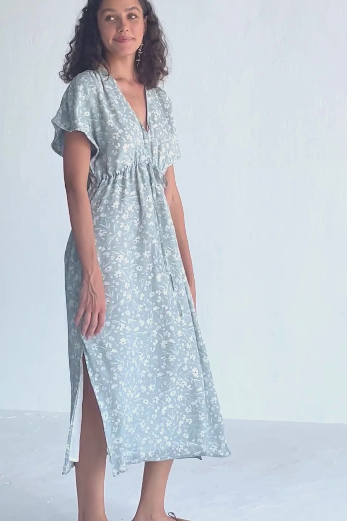 Gathered Maxi Dress in Light Blue Florals