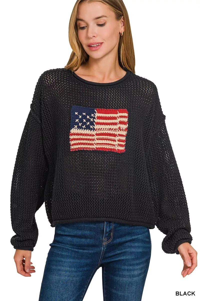 Zenana Zenana American Flag Crew Neck Sweater BLACK
