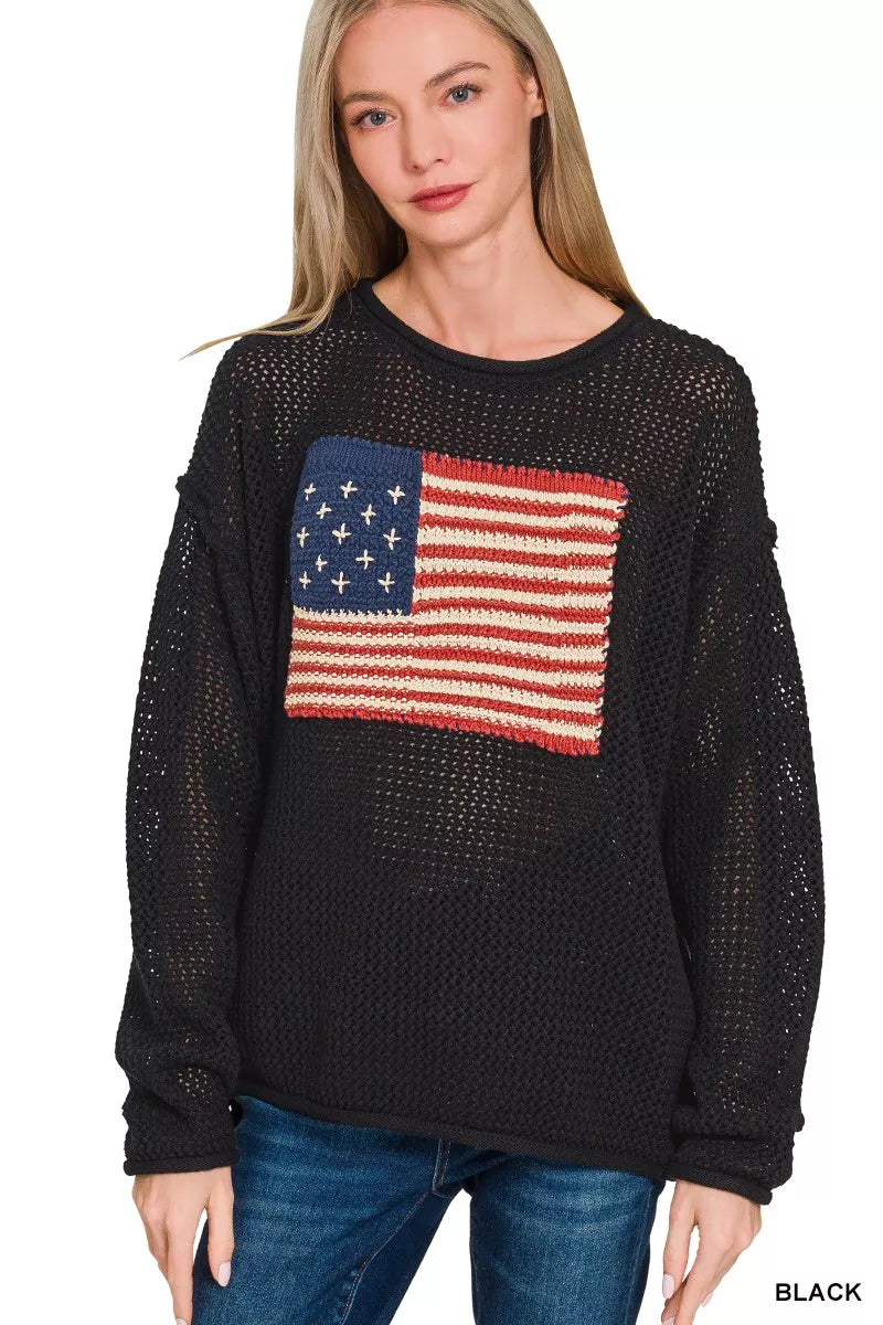 Zenana American Flag Crew Neck Sweater BLACK