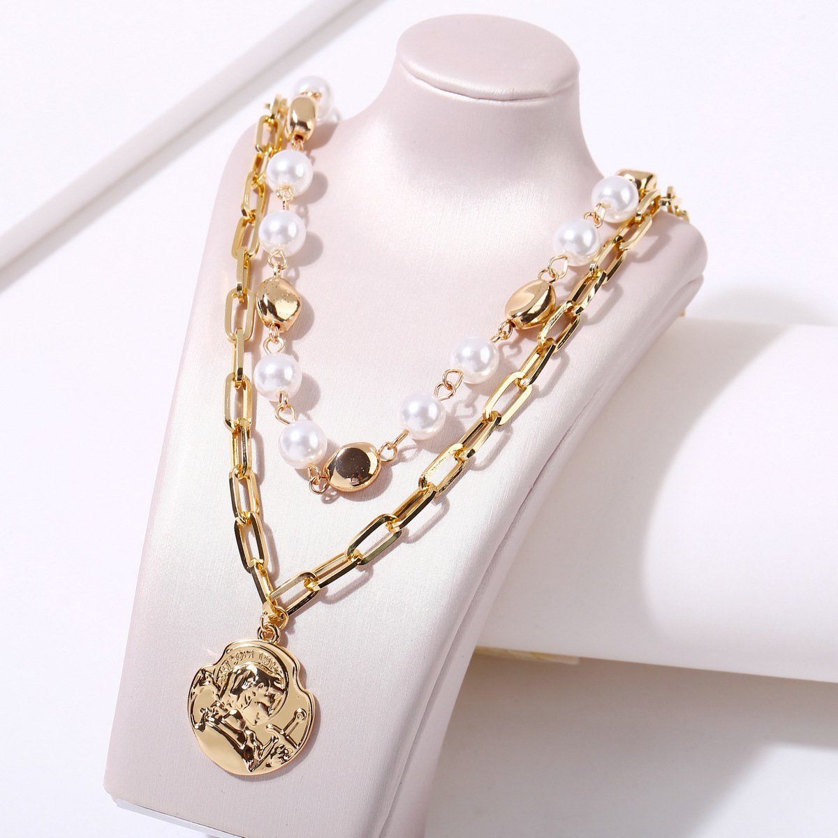 2 Piece Pearl Coin Head Necklace 18K Gold Plated Necklace ITALY Design Elsy Style Necklace