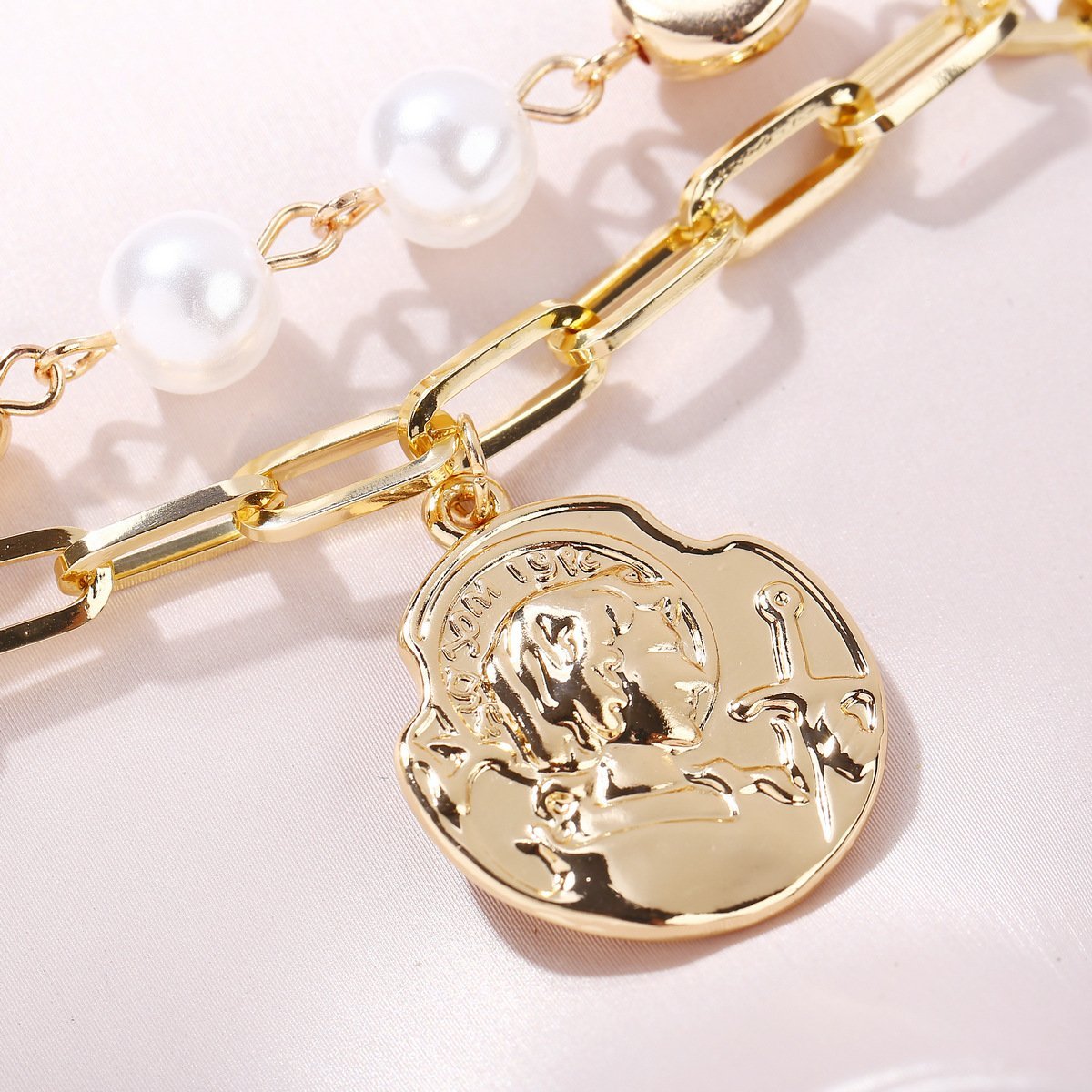 2 Piece Pearl Coin Head Necklace 18K Gold Plated Necklace ITALY Design Elsy Style Necklace