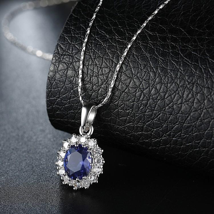 3.55 CTTW Sapphire Oval Cut Necklace Set in 18K White Gold Plated Elsy Style Necklaces