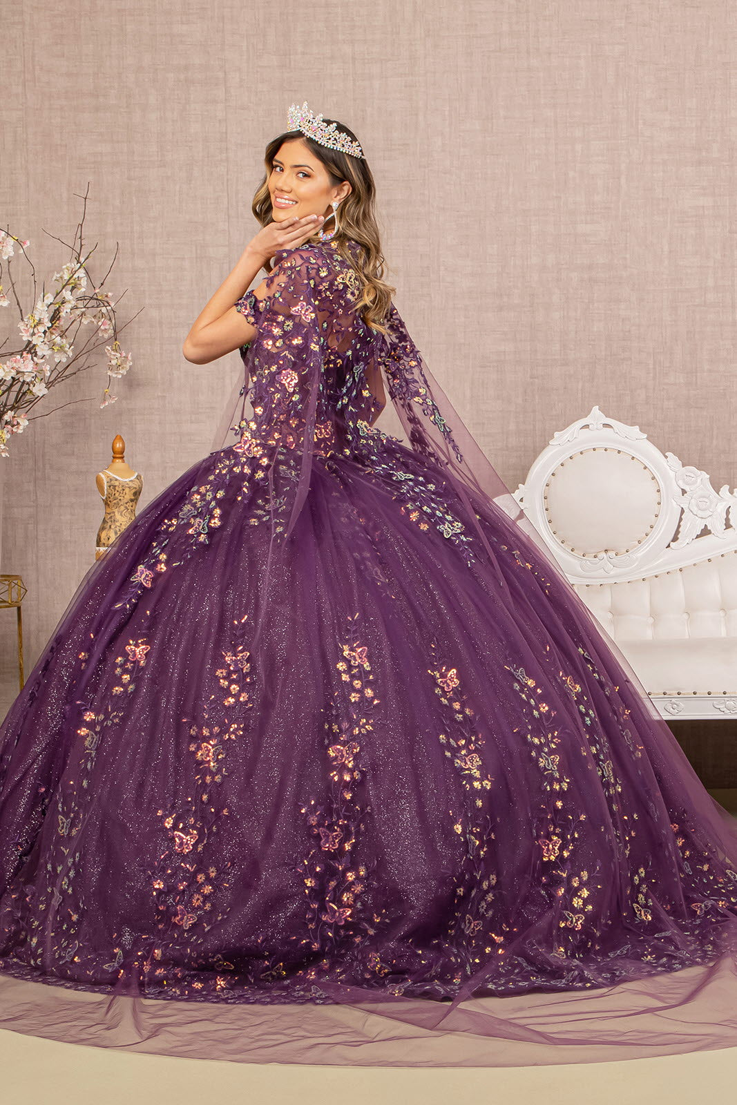 3-D Butterfly Sheer Bodice Quinceanera Gown Long Mesh Cape GLGL3171 Elsy Style QUINCEANERA