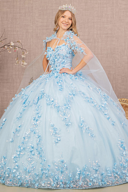 3-D Flower Applique Glitter Quinceanera Gown Detachable Mesh Long Sleeves GLGL3103 Elsy Style QUINCEANERA