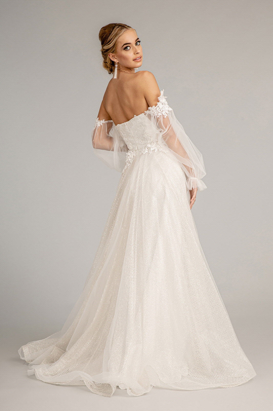 3-D Flower Embellished Glitter Netting A-line Dress Detached Long Sleeves GLGL3015 Elsy Style PROM