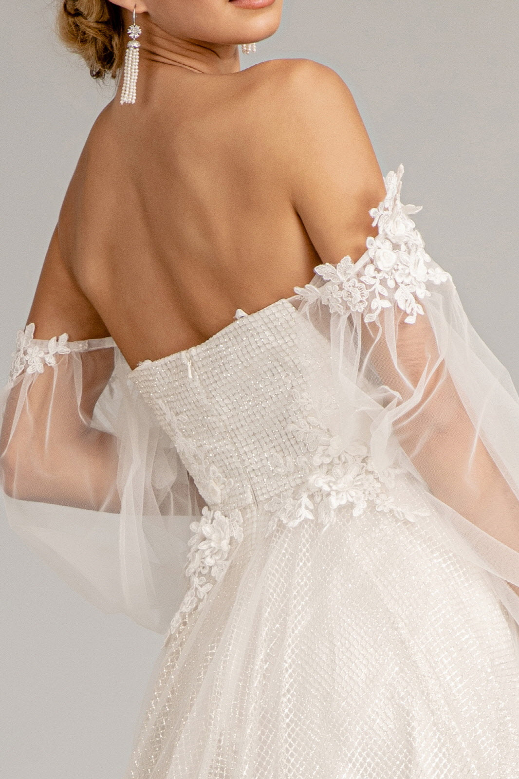 3-D Flower Embellished Glitter Netting A-line Dress Detached Long Sleeves GLGL3015 Elsy Style PROM
