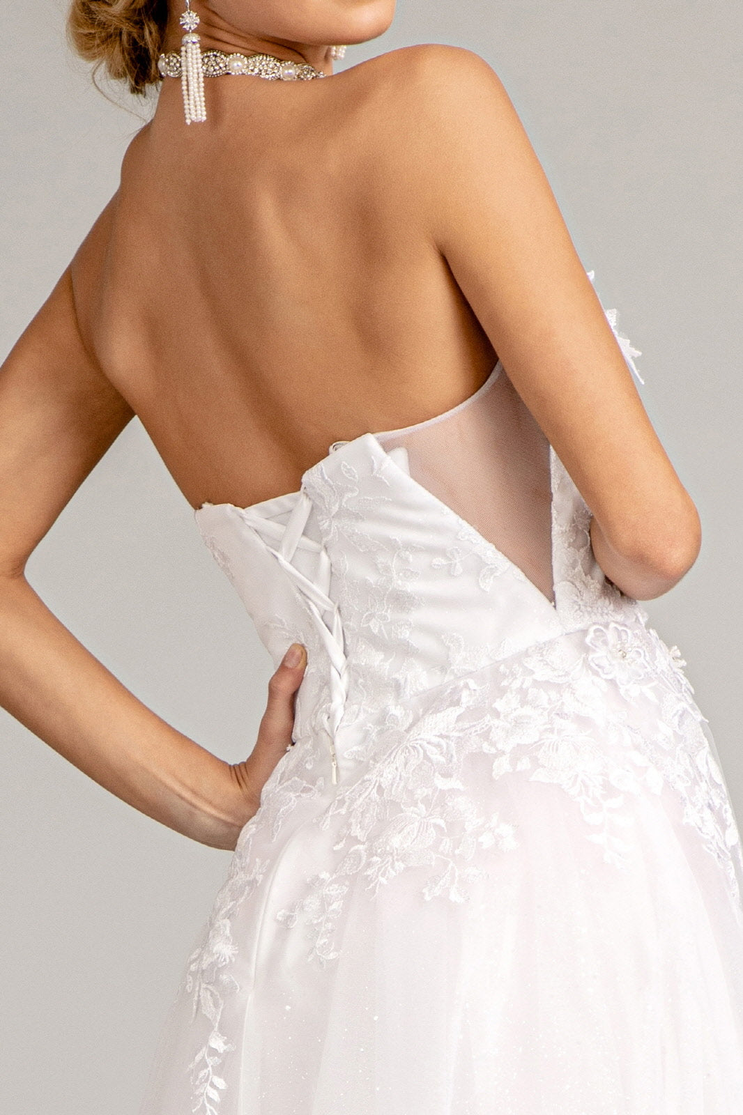 3-D Flower Embellished Mesh Wedding Gown Rhinestone and Glitter Embellished GLGL3010 Elsy Style WEDDING GOWNS
