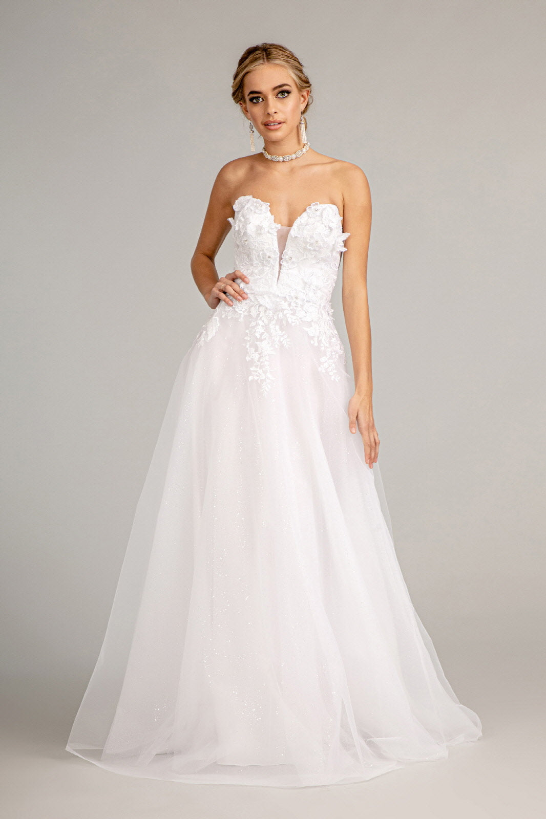 3-D Flower Embellished Mesh Wedding Gown Rhinestone and Glitter Embellished GLGL3010 Elsy Style WEDDING GOWNS