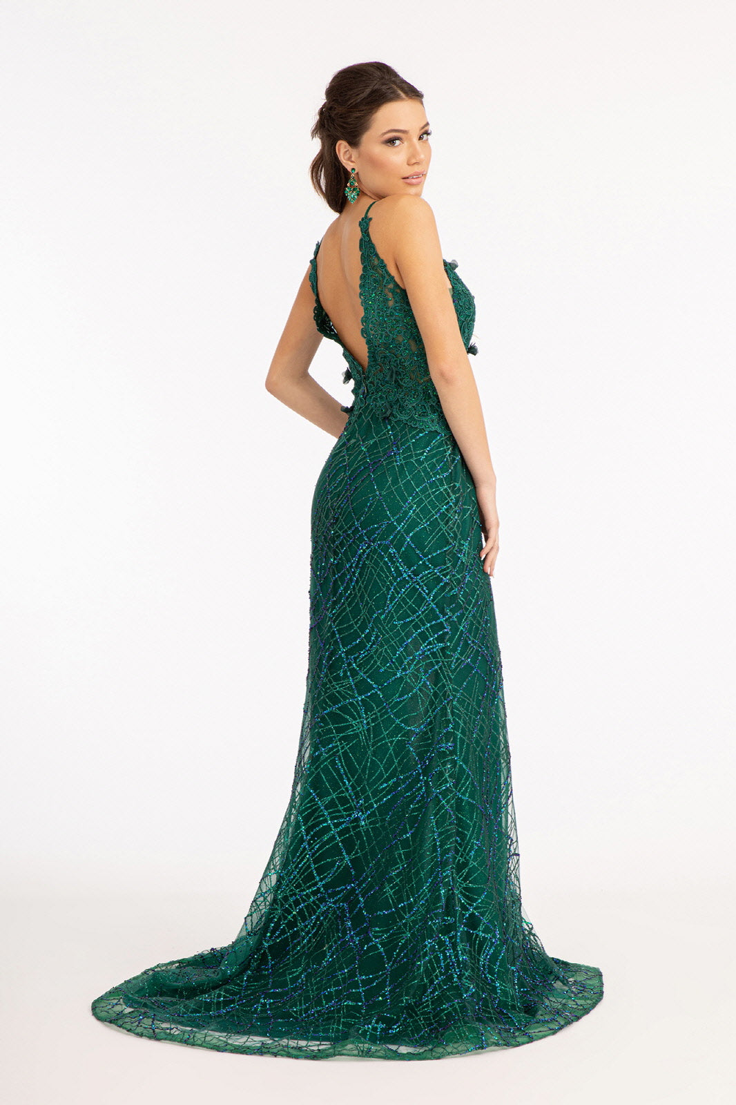 3-D Flower Glitter Embellished Mermaid Dress Sheer Sides GLGL3042 Elsy Style PROM