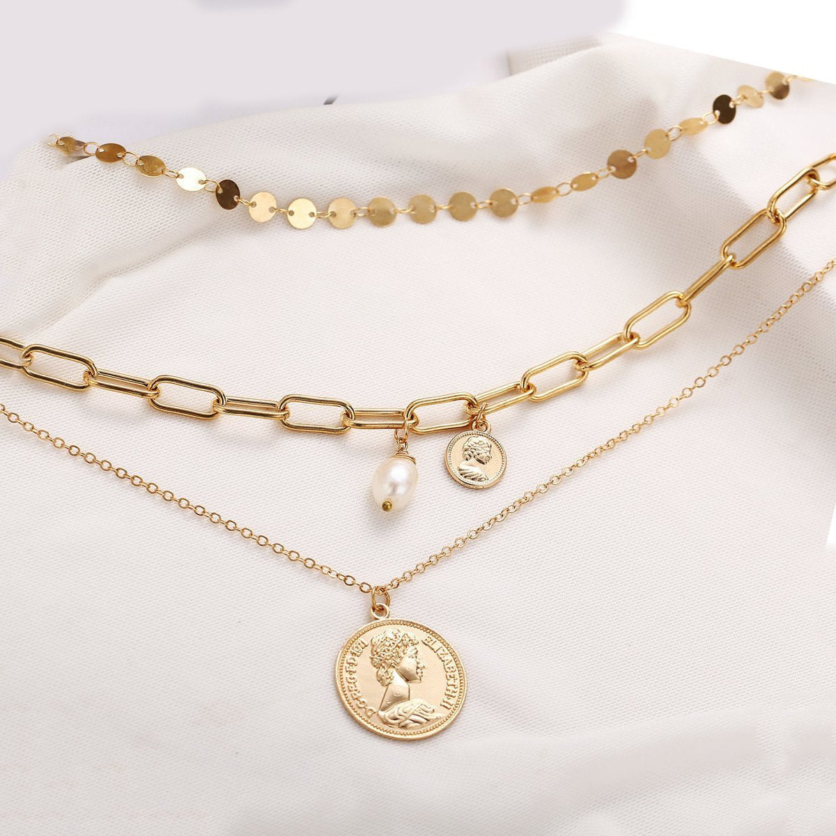 3 Piece Coin Pearl Necklace 18K Gold Plated Necklace in 18K Gold Plated ITALY Design Elsy Style Necklace