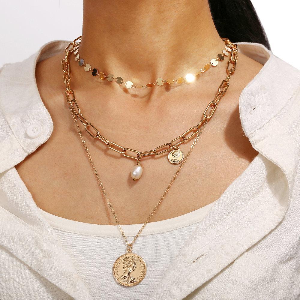 3 Piece Coin Pearl Necklace 18K Gold Plated Necklace in 18K Gold Plated ITALY Design Elsy Style Necklace