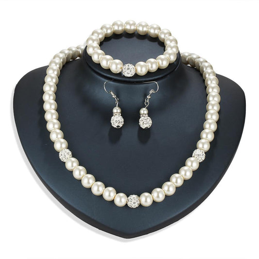 3 Piece Pearl and Shamballa Jewelry Set With Crystals 18K White Gold Plated Set in 18K White Gold Plated ITALY Design Elsy Style Set