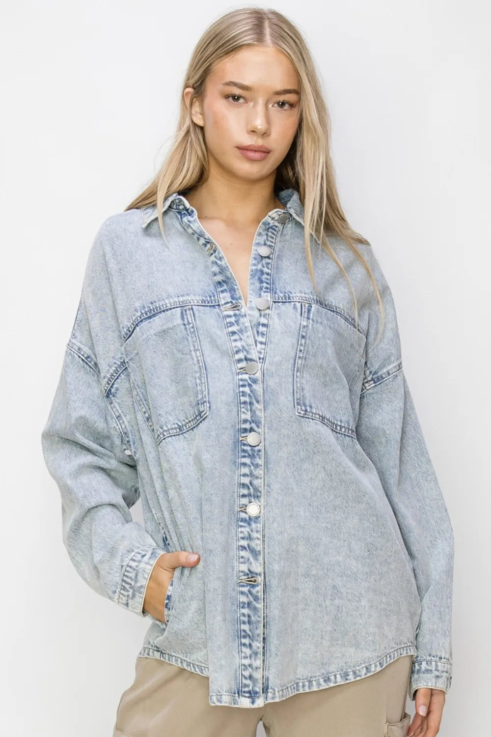 RISEN Button Up Long Sleeve Shacket Acid Light