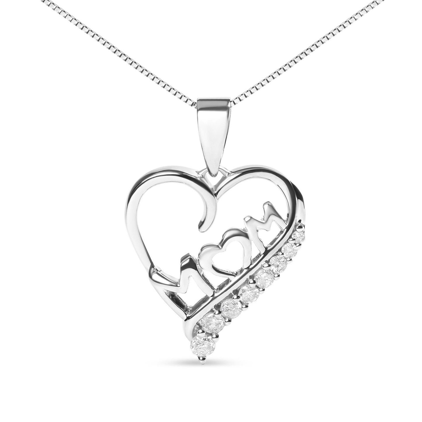 .925 Sterling Silver 1/4 Cttw Diamond "Mom" and Open Heart 18" Pendant Necklace (I-J Color, I2-I3 Clarity)