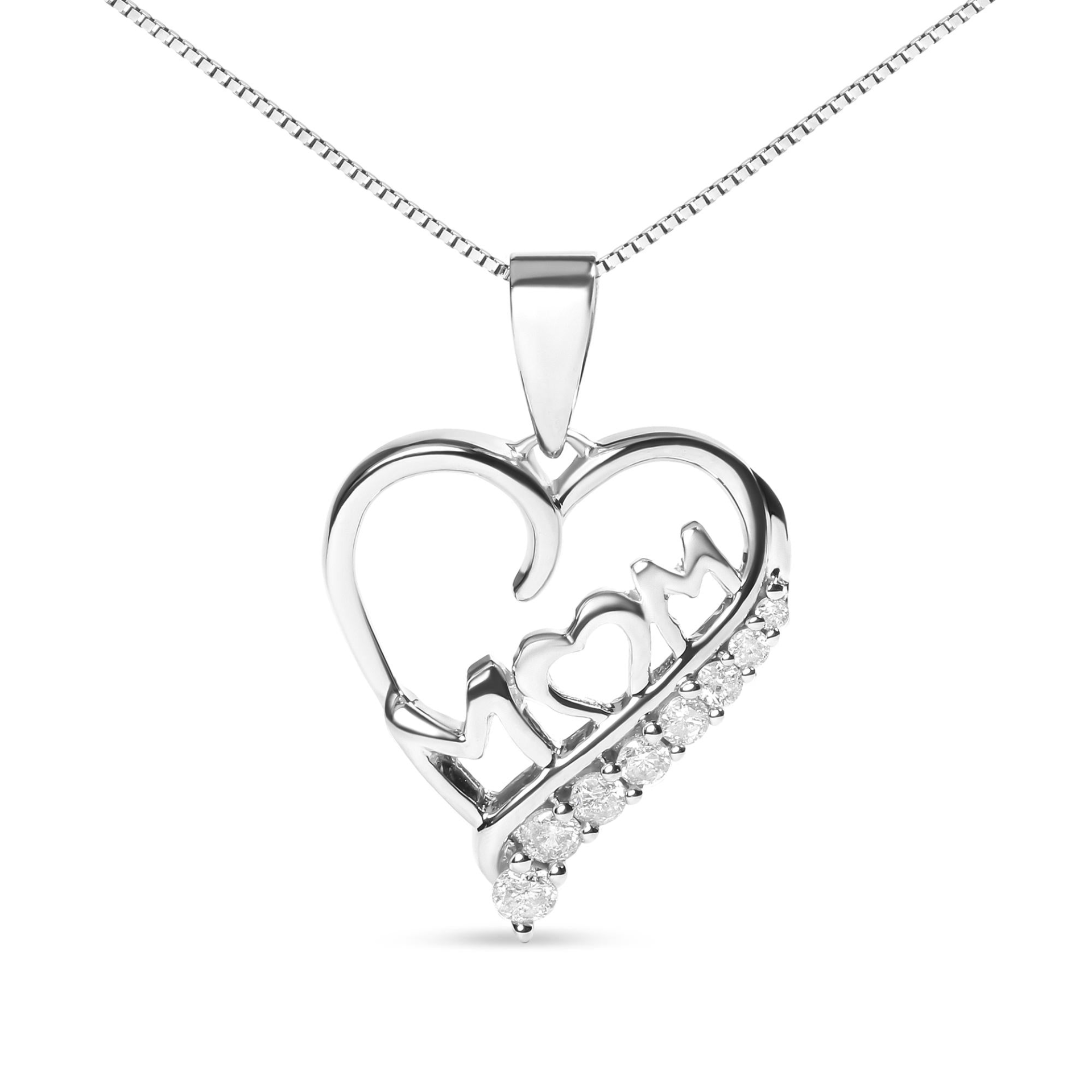 .925 Sterling Silver 1/4 Cttw Diamond "Mom" and Open Heart 18" Pendant Necklace (I-J Color, I2-I3 Clarity)