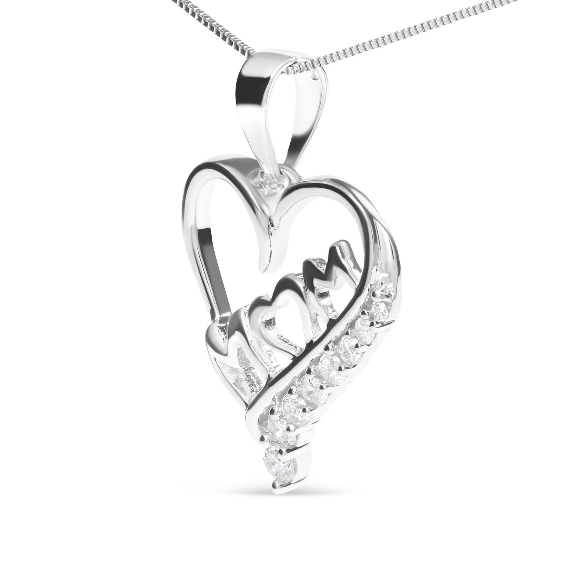 .925 Sterling Silver 1/4 Cttw Diamond "Mom" and Open Heart 18" Pendant Necklace (I-J Color, I2-I3 Clarity)