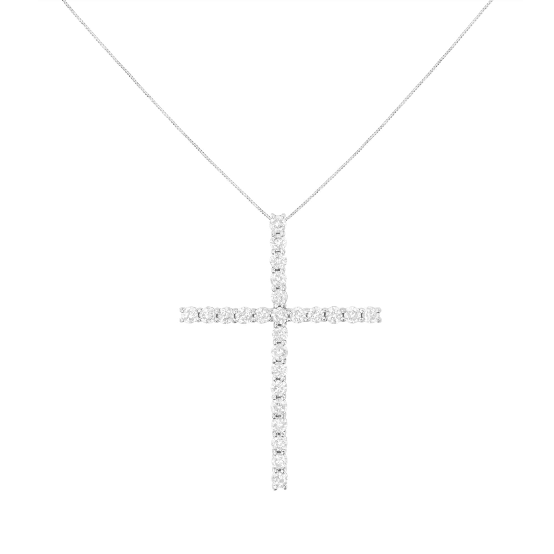 .925 Sterling Silver 3.0 Cttw Round Shape Diamond 1-1/2" Cross Pendant with Box Chain Necklace (J-K Color, I2-I3 Clarity) - 18"