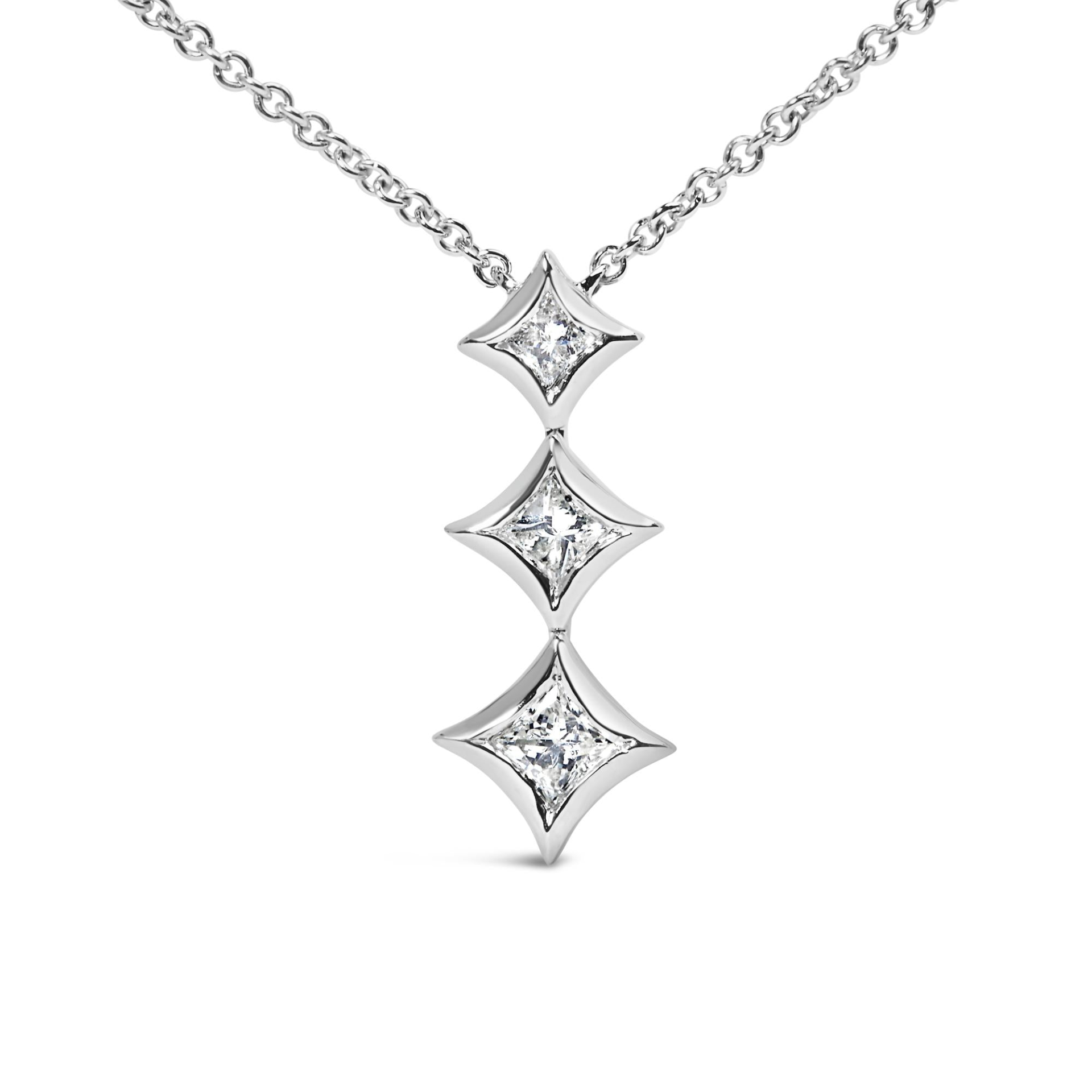 10K Gold 1/5 Cttw Princess Cut Diamond 3 Stone Drop 18" Pendant Necklace (H-I Color, SI2-I1 Clarity)