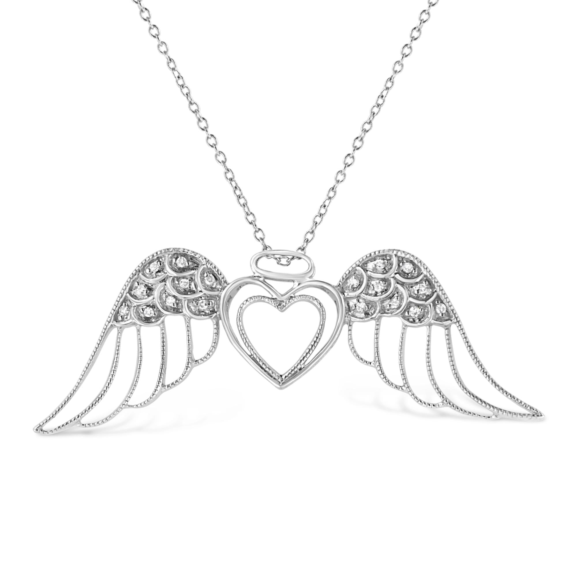 .925 Sterling Silver Pave-Set Diamond Accent Angel Wing 18" Double Heart Pendant Necklace (I-J Color, I1-I2 Clarity)