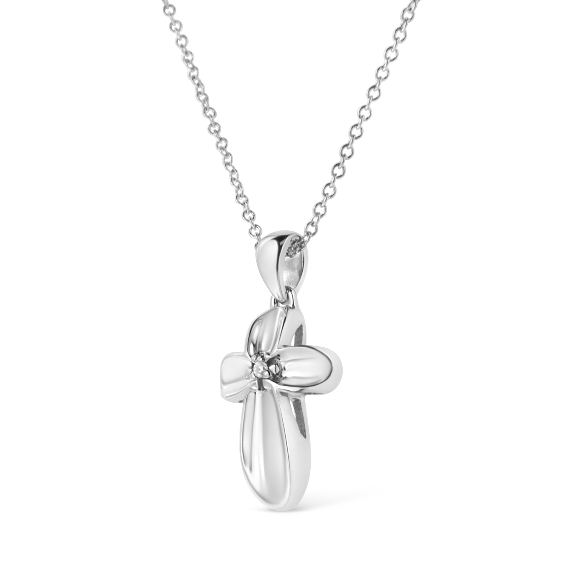 .925 Sterling Silver Prong-Set Diamond Accent Floral Cross 18" Pendant Necklace (I-J Color, I1-I2 Clarity)